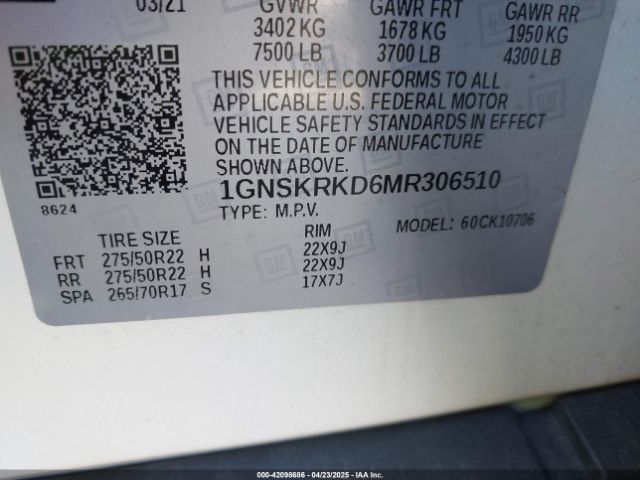 1GNSKRKD6MR306510 Chevrolet Tahoe 4wd Rst