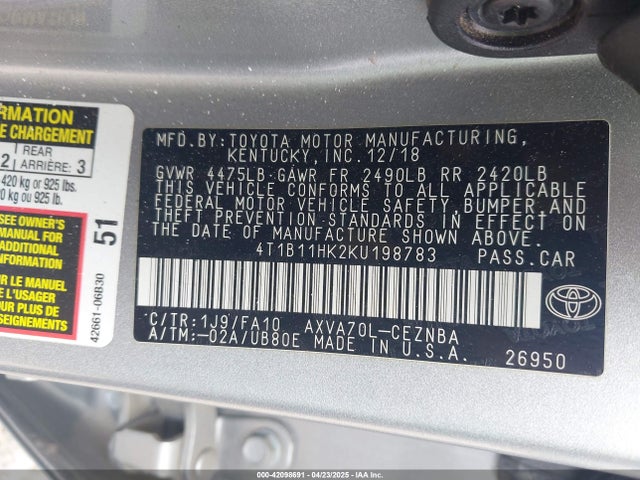 4T1B11HK2KU198783 Toyota CAMRY LE
