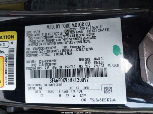 3FA6P0K95HR130097 Ford Fusion Titanium