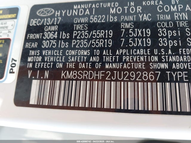 KM8SRDHF2JU292867 Hyundai Santa Fe Limited Ultimate