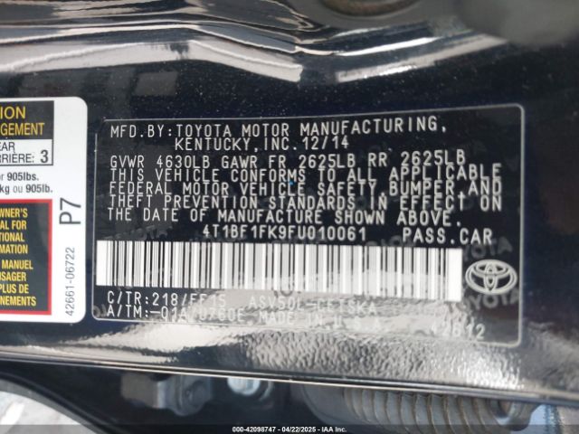 4T1BF1FK9FU010061 Toyota CAMRY SE