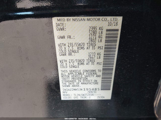 5N1AZ2MH5JN195485 Nissan Murano Platinum