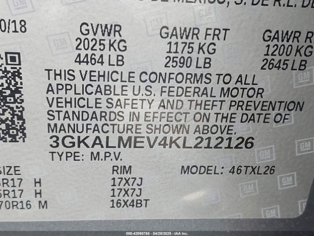 3GKALMEV4KL212126 GMC Terrain Sle