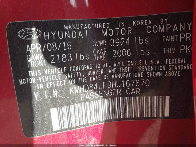 KMHD84LF9HU167670 Hyundai ELANTRA SE