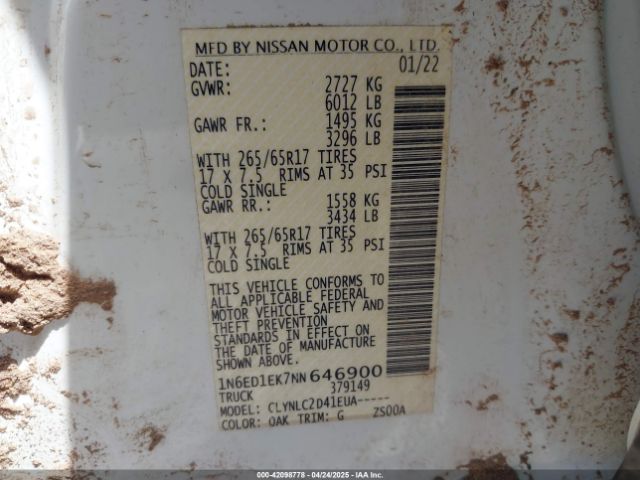 1N6ED1EK7NN646900 Nissan Frontier Sv 4x4