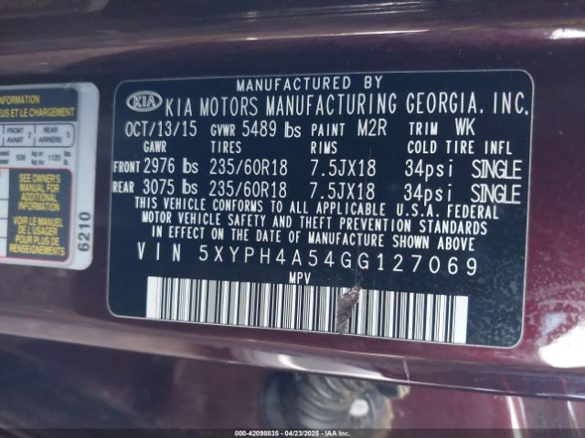 5XYPH4A54GG127069 KIA Sorento 3.3l Ex