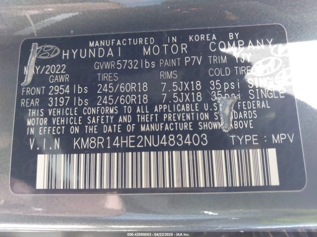 KM8R14HE2NU483403 Hyundai Palisade Se