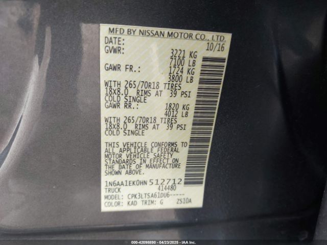 1N6AA1EK0HN512712 Nissan TITAN SV