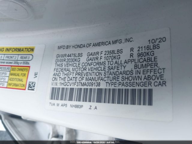 1HGCV1F37MA009138 Honda Accord Sport