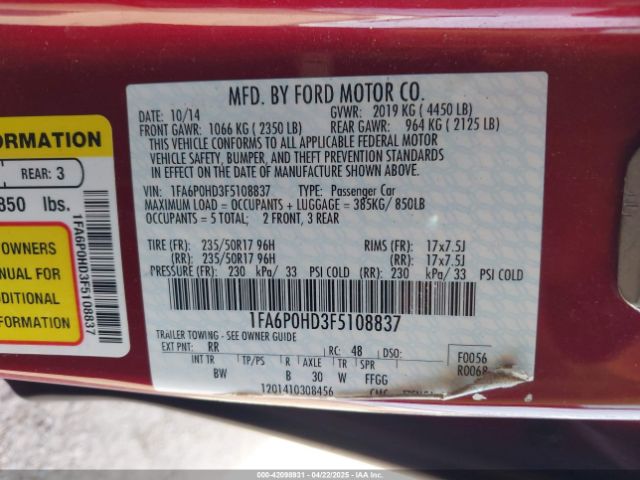 1FA6P0HD3F5108837 Ford FUSION SE