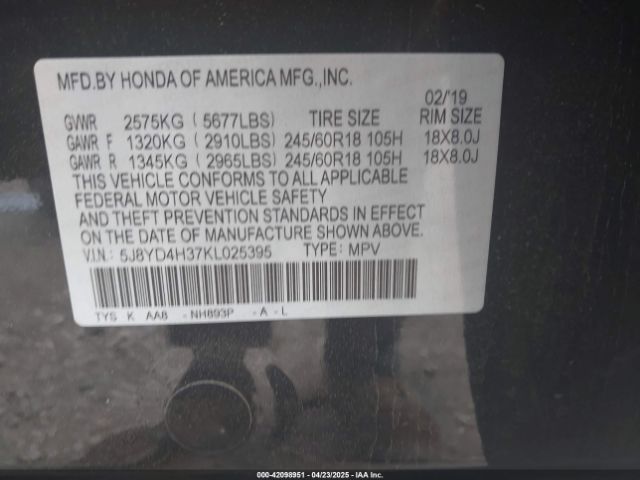 5J8YD4H37KL025395 Acura Mdx Standard