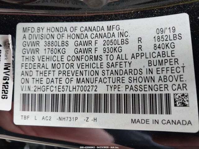 2HGFC1E57LH700272 Honda l15b7
