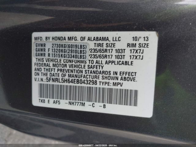 5FNRL5H64EB043298 Honda Odyssey Ex-l