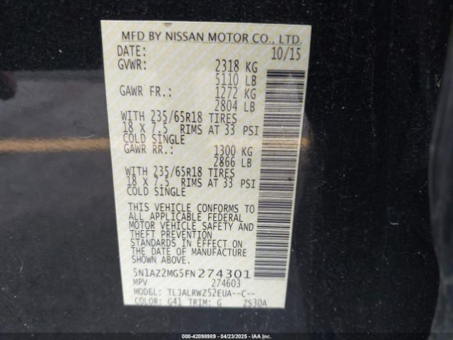 5N1AZ2MG5FN274301 Nissan MURANO SL