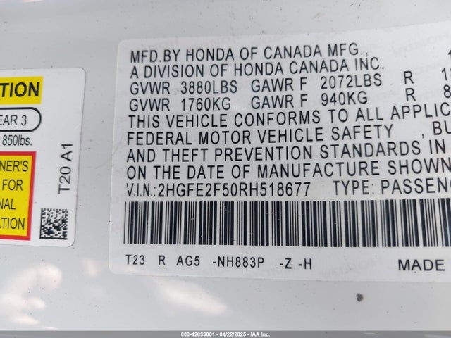 2HGFE2F50RH518677 Honda Civic Sport