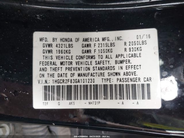 1HGCR2F83GA101230 Honda Accord Ex-l