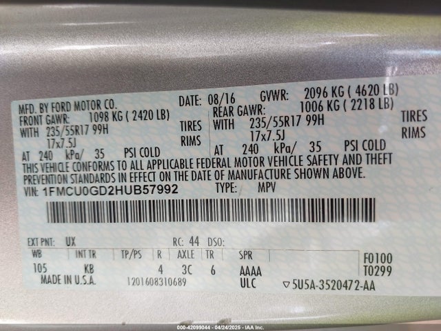 1FMCU0GD2HUB57992 Ford ESCAPE SE