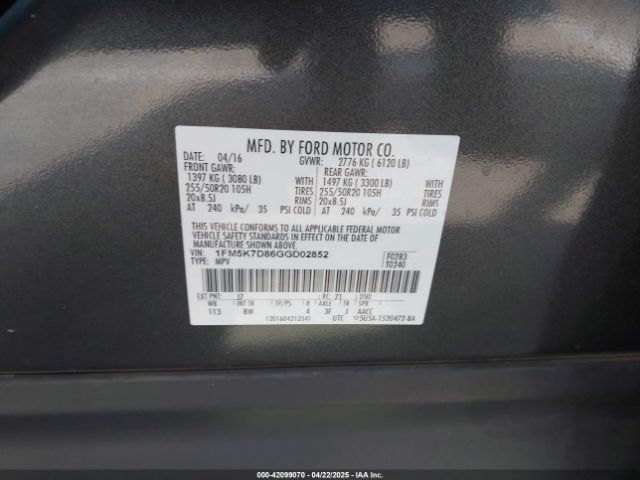 1FM5K7D86GGD02852 Ford EXPLORER XLT