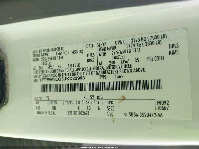 1FTEW1EG5JKD32988 Ford F-150 Lariat
