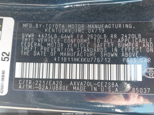 4T1B11HKXKU776712 Toyota CAMRY SE