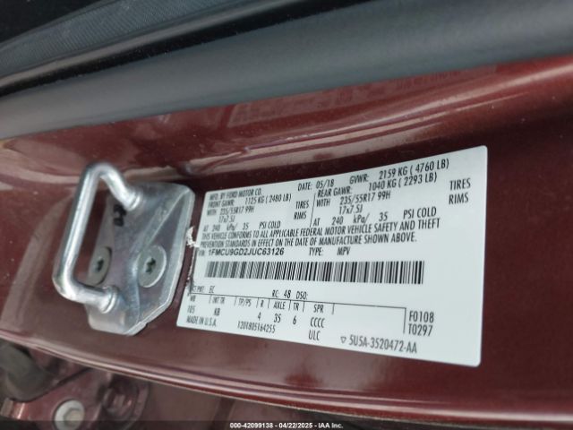 1FMCU9GD2JUC63126 Ford ESCAPE SE