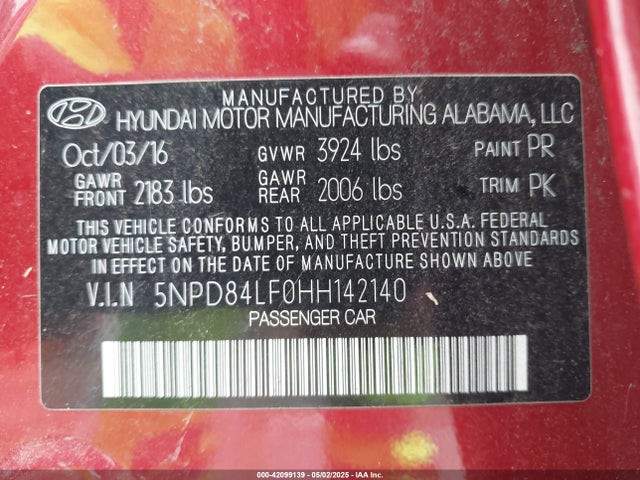 5NPD84LF0HH142140 Hyundai ELANTRA SE