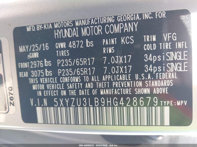 5XYZU3LB9HG428679 Hyundai Santa Fe Sport 2.4l