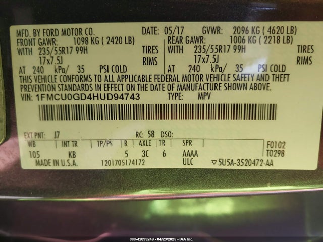 1FMCU0GD4HUD94743 Ford ESCAPE SE