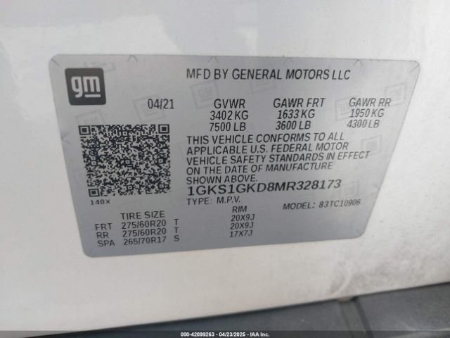 1GKS1GKD8MR328173 GMC Yukon Xl 2wd Slt