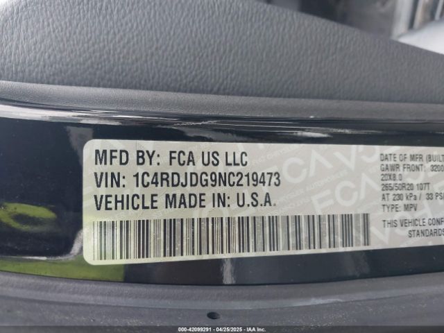 1C4RDJDG9NC219473 Dodge Durango Gt Awd
