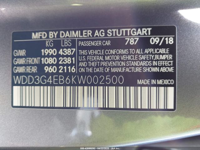 WDD3G4EB6KW002500 Mercedes-Benz A 220