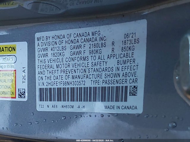 2HGFE1F98NH303572 Honda l15b7