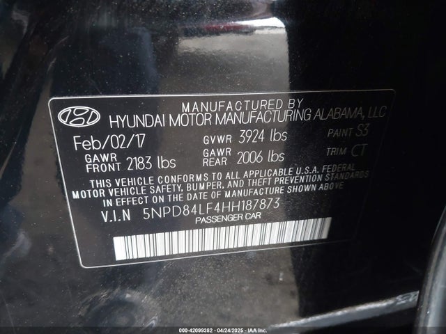 5NPD84LF4HH187873 Hyundai 2017