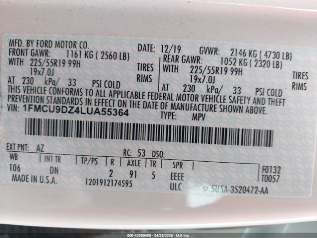 1FMCU9DZ4LUA55364 Ford Escape Titanium