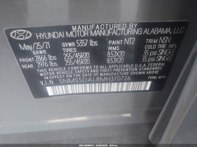 5NMS5DAL8MH370726 Hyundai Santa Fe Calligraphy