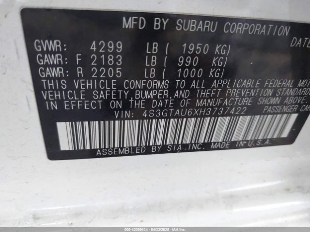 4S3GTAU6XH3737422 Subaru Impreza 2.0i Limited