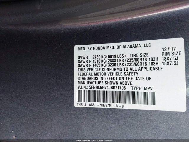 5FNRL6H74JB071708 Honda Odyssey Ex-l