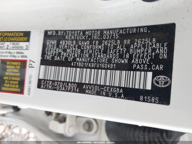 4T1BD1FK8FU160491 Toyota Camry Hybrid Xle