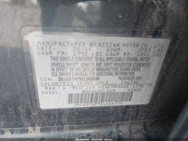 3N1AB7AP9EL666936 Nissan Sentra Fe+ S/fe+ Sv/s/sl/sr/sv