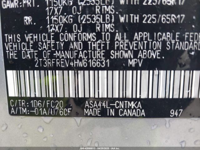 2T3RFREV4HW616631 Toyota Rav4 Xle