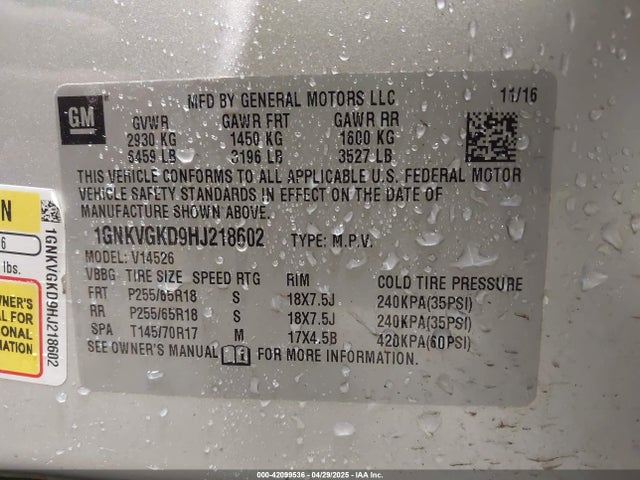 1GNKVGKD9HJ218602 Chevrolet llt - sidi: spark ignited direct injection, alum, 60 degrees