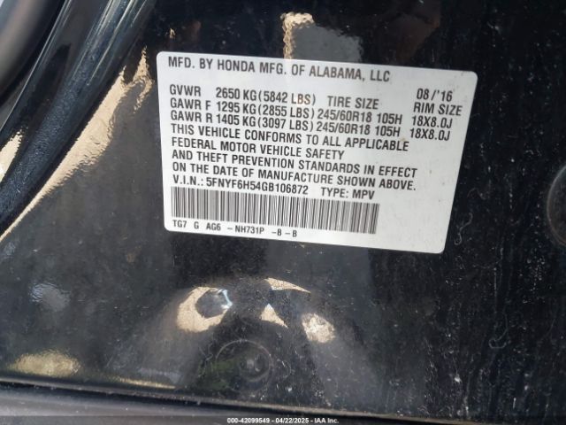 5FNYF6H54GB106872 Honda Pilot Ex-l