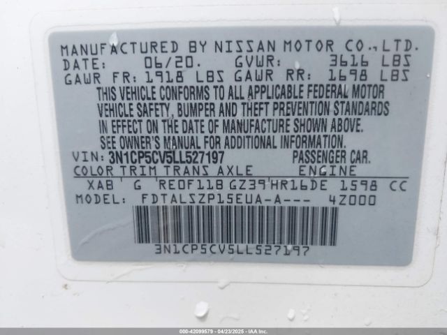 3N1CP5CV5LL527197 Nissan Kicks Sv Xtronic Cvt