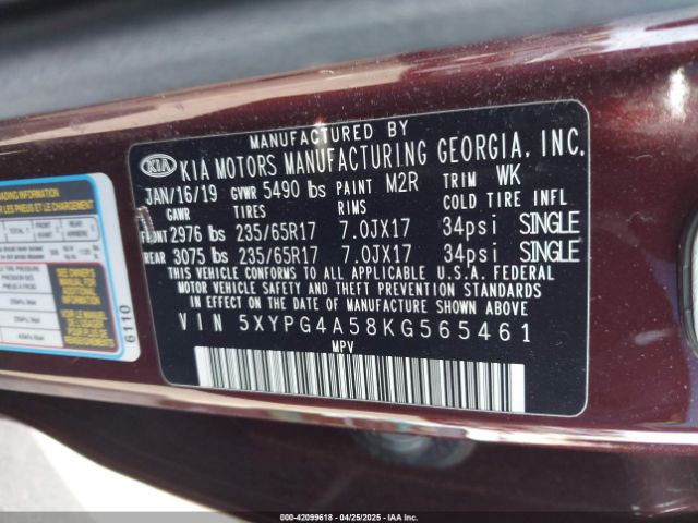 5XYPG4A58KG565461 KIA Sorento 3.3l Lx