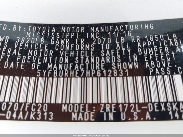 5YFBURHE7HP612831 Toyota COROLLA SE