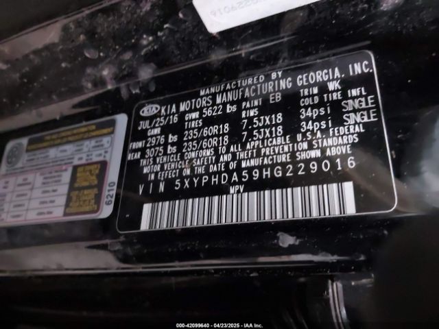 5XYPHDA59HG229016 KIA Sorento 3.3l Ex