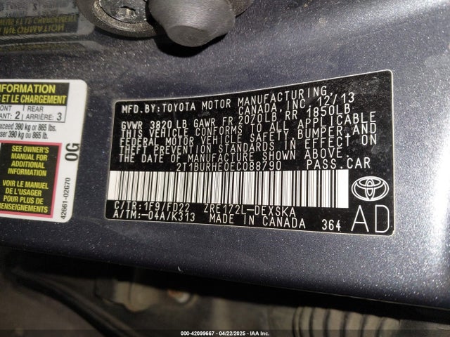 2T1BURHE0EC088790 Toyota Corolla S