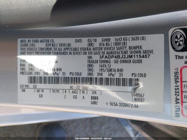 Ford 1.6l ti-vct 2018 3FADP4BJ2JM115407 Image 9