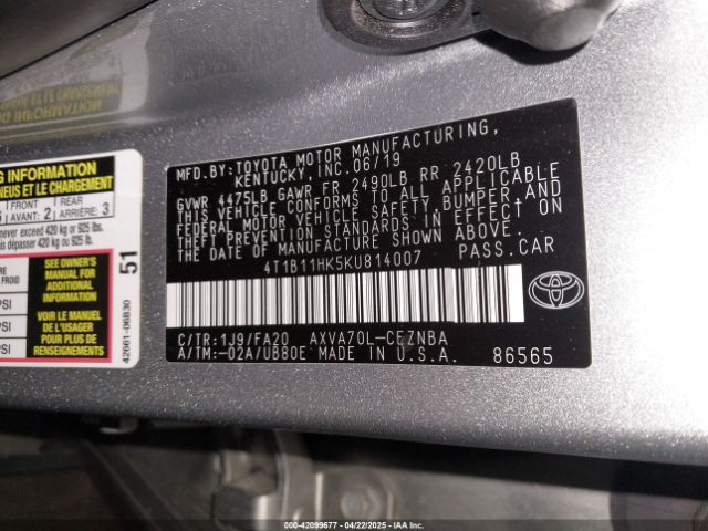 4T1B11HK5KU814007 Toyota CAMRY LE