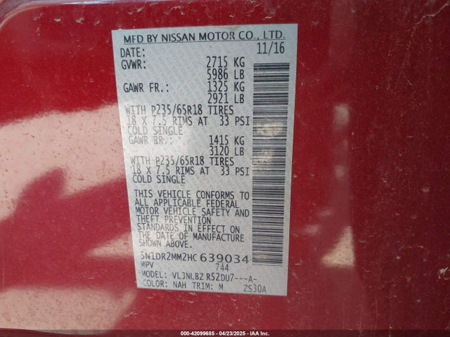 5N1DR2MM2HC639034 Nissan Pathfinder S